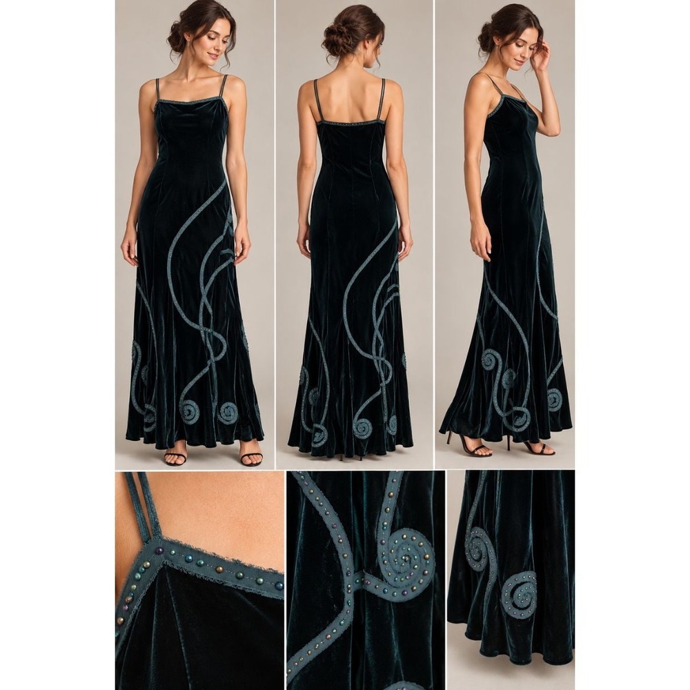 Vintage Y2K 90s 2000s Per Una Velvet Maxi Dress Dark Green Beaded Formal Gown